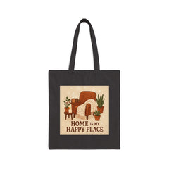 Canvas Tote Bag — "Home Is My Happy Place" Cozy Armchair & Plants Design