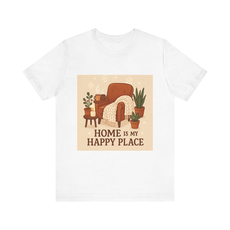 Home Is My Happy Place Tee — Cozy Armchair & Plants Graphic T-Shirt