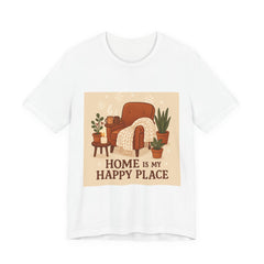 Home Is My Happy Place Tee — Cozy Armchair & Plants Graphic T-Shirt