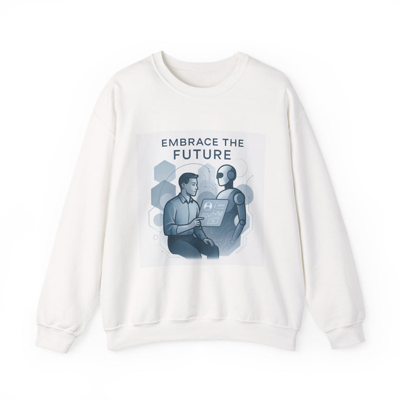 Embrace the Future Sweatshirt — Retro Robot & Human Tech Graphic Crewneck