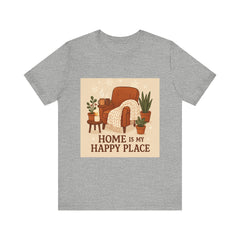 Home Is My Happy Place Tee — Cozy Armchair & Plants Graphic T-Shirt